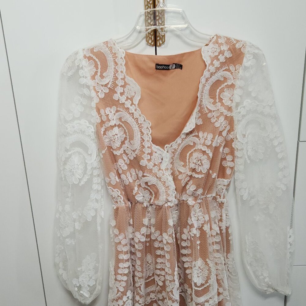 Boohoo Embroidered Sheer Mesh Dress, Women's Size 6 Tan